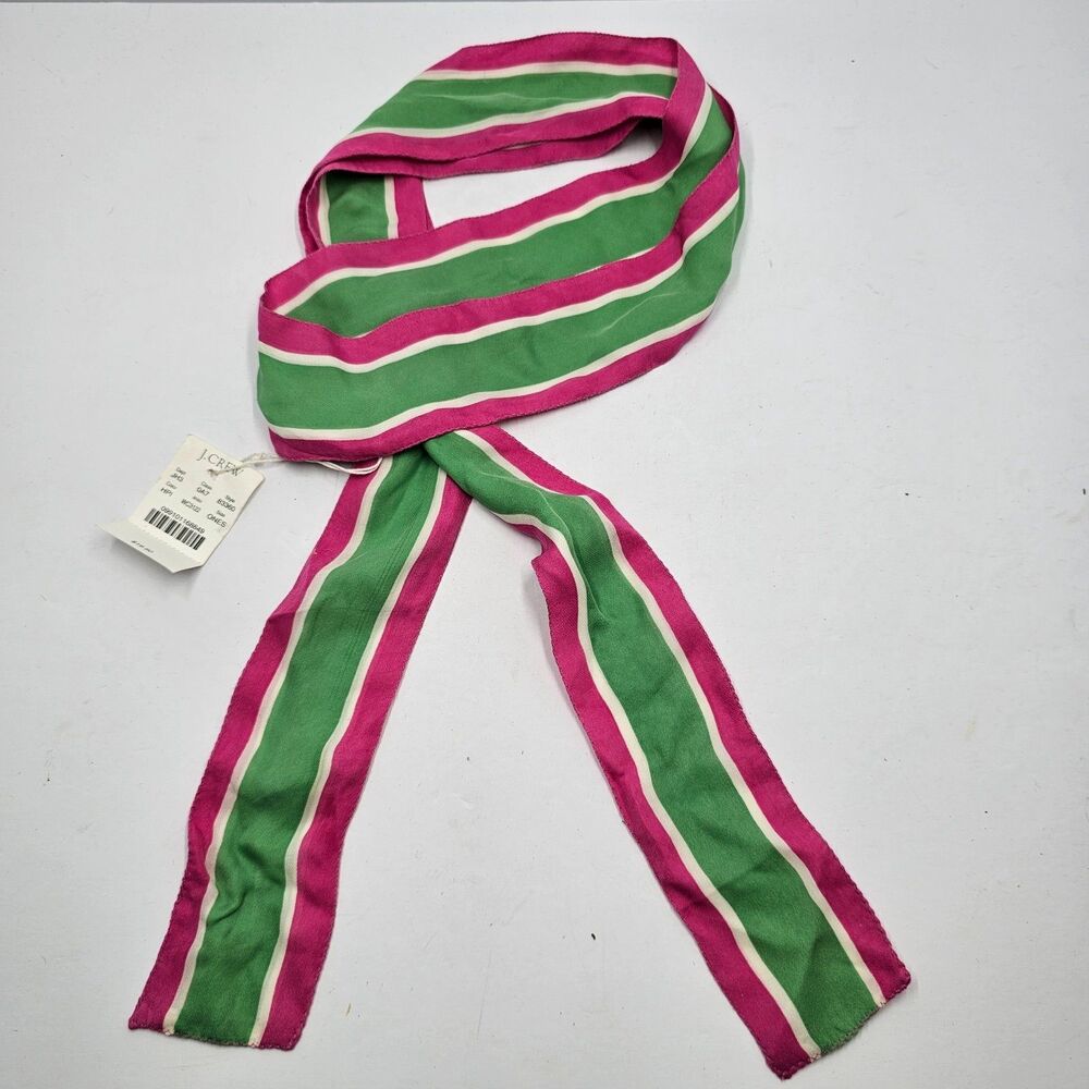 J Crew Silk Skinny Scarf NWT Pink Green White Striped Neck Tie Hair Ribbon